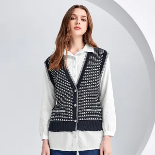 【ILEY 伊蕾】格紋小香風針織背心外套(深藍色；M-XL；1234405710)