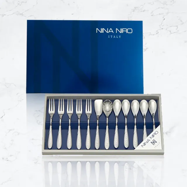 【YS-MART】義大利品牌Nina Niro 點心叉匙組 特殊果醬刀 12件組(日本製造 禮盒 餐具組 叉匙 湯匙 叉子)
