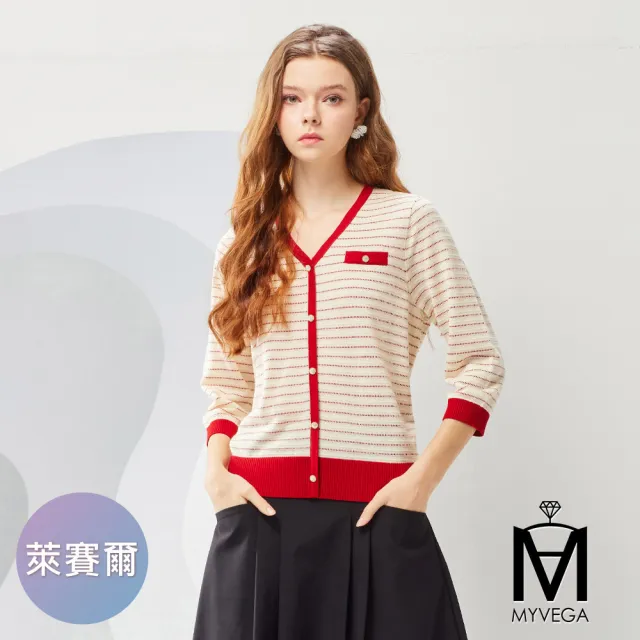 【MYVEGA 麥雪爾】MA提花條紋鑽釦針織上衣-紅(通勤風/新年紅色開運穿搭)