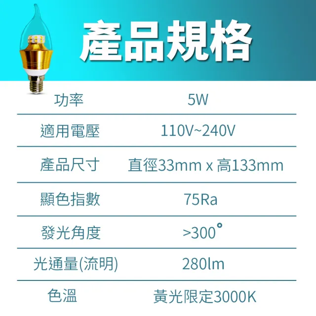 【KISS QUIET】4入組 安規5W E14 LED拉尾蠟燭燈/黃光限定(燈泡 蠟燭燈 美術燈 E14 吸頂燈 燈管 LED燈泡)