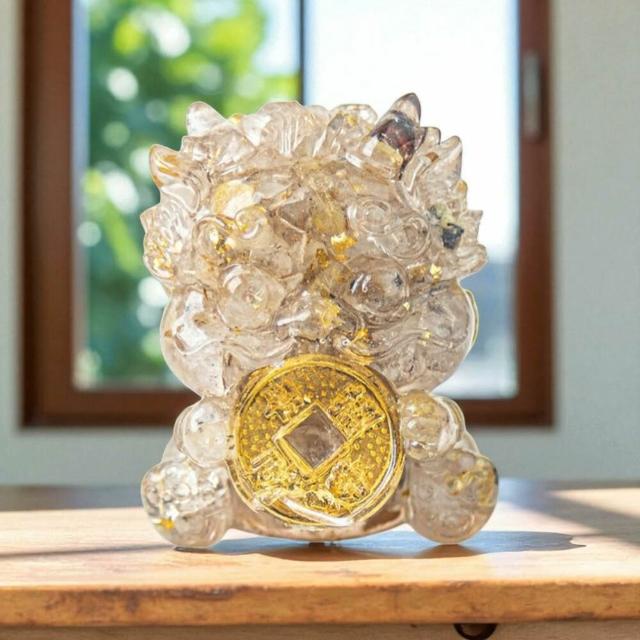 【赫本珠寶】($690)奧剛水晶小碎石咬金吞金獸招財擺飾-彩髮晶｜彩耀守庫(白)