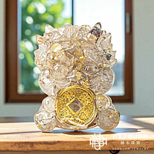 【赫本珠寶】($690)奧剛水晶小碎石咬金吞金獸招財擺飾-彩髮晶｜彩耀守庫(白)