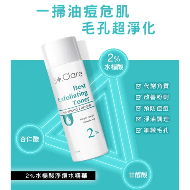 【St.Clare 聖克萊爾】2%水楊酸淨痘水精華100ml(淨油抗痘/代謝粉刺)