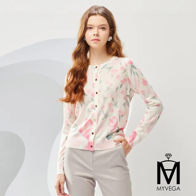 【MYVEGA 麥雪爾】MA羊毛柔霧水彩感印花針織外套-粉(通勤風/新年紅色開運穿搭)