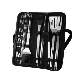 【Mass】不鏽鋼燒烤工具組 戶外BBQ烤肉套裝 含布袋20件組 鋼絲刷款 烤具組合 烤肉夾刷叉全配(野餐露營烤肉)