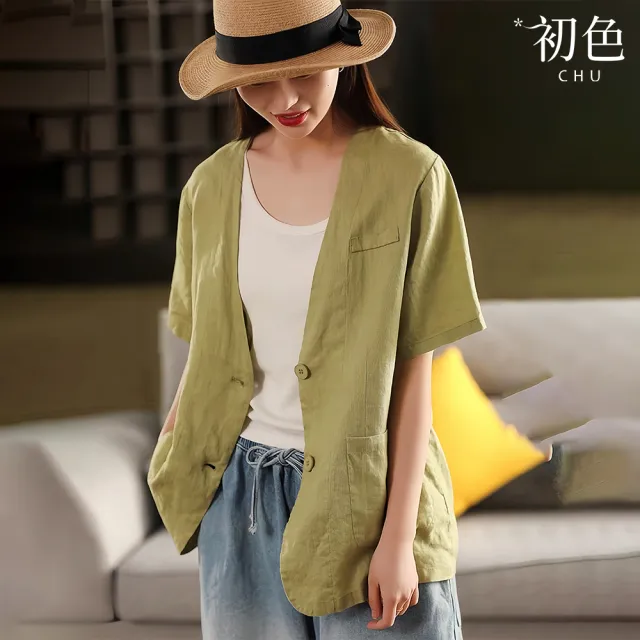 【初色】棉麻風V領短袖單排釦大口袋西裝外套女外套-共3色-14792(M-2XL可選)
