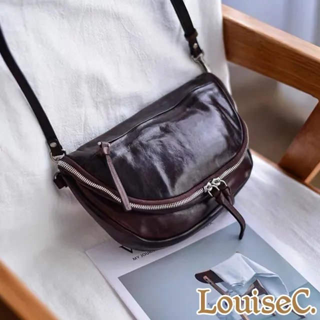 【LouiseC.】雙11 Tree House 植鞣革牛皮復古品味翻蓋斜背真皮馬鞍包-咖啡色(真皮包包 GK5178-03