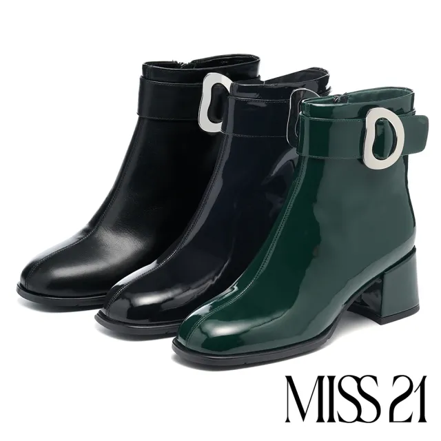 【MISS 21】復古時髦扭曲大釦牛漆皮方頭高跟短靴(綠)
