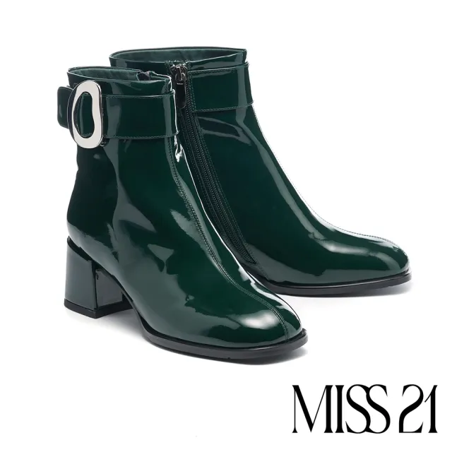 【MISS 21】復古時髦扭曲大釦牛漆皮方頭高跟短靴(綠)