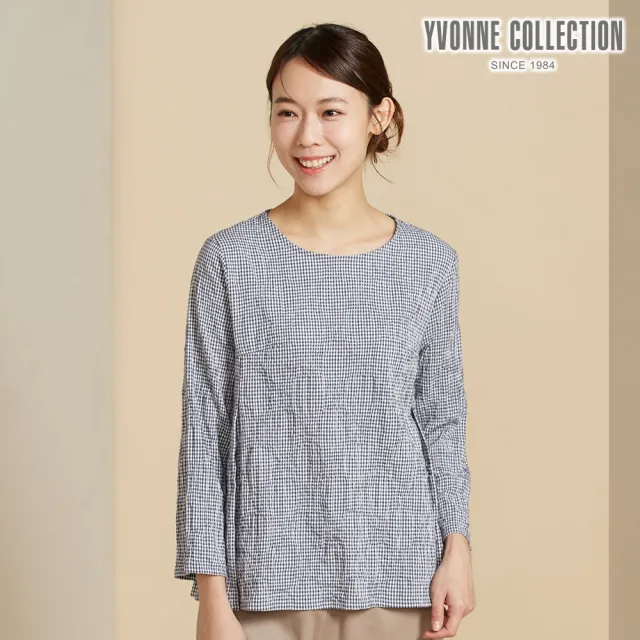 【YVONNE 以旺傢飾】皺皺細格紋提花長袖上衣-永恆灰