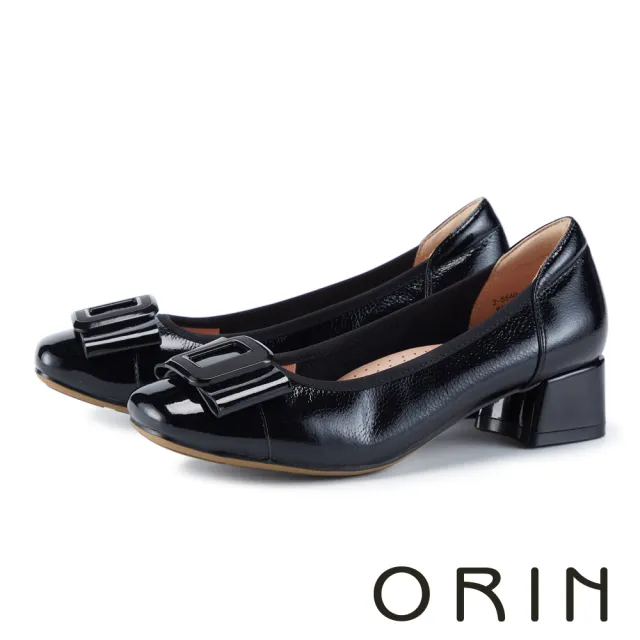 【ORIN】壓紋牛皮方頭蝴蝶結粗跟娃娃鞋(黑色)