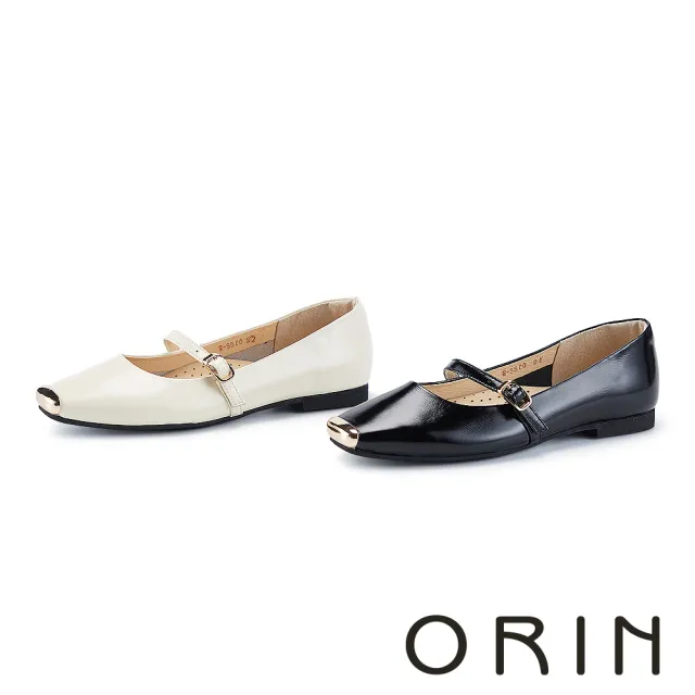 【ORIN】牛漆皮金飾方頭瑪莉珍平底鞋(黑色)