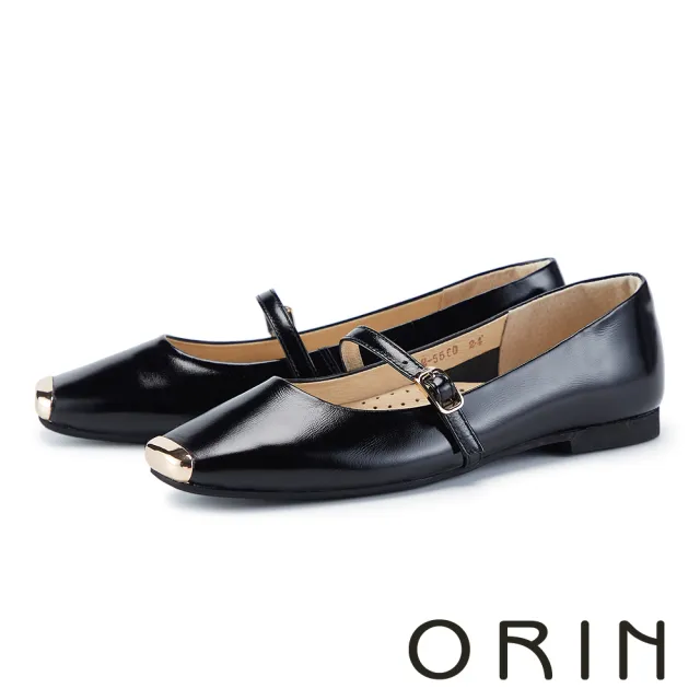 【ORIN】牛漆皮金飾方頭瑪莉珍平底鞋(黑色)