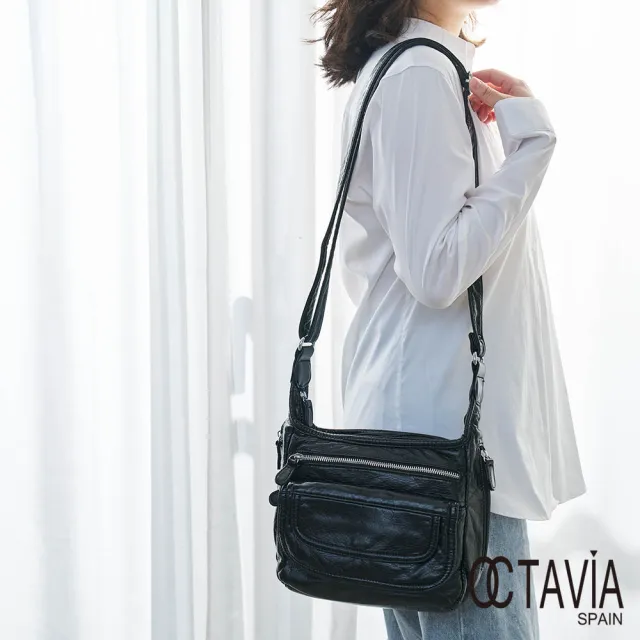 【OCTAVIA 8】雲柔感 水洗牛皮多口袋肩斜二用包- 軟軟黑
