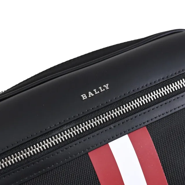 【BALLY】簡約紅白紅織帶條紋肩斜三用後背包胸口包腰包(黑)