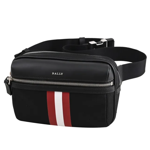 【BALLY】簡約紅白紅織帶條紋肩斜三用後背包胸口包腰包(黑)