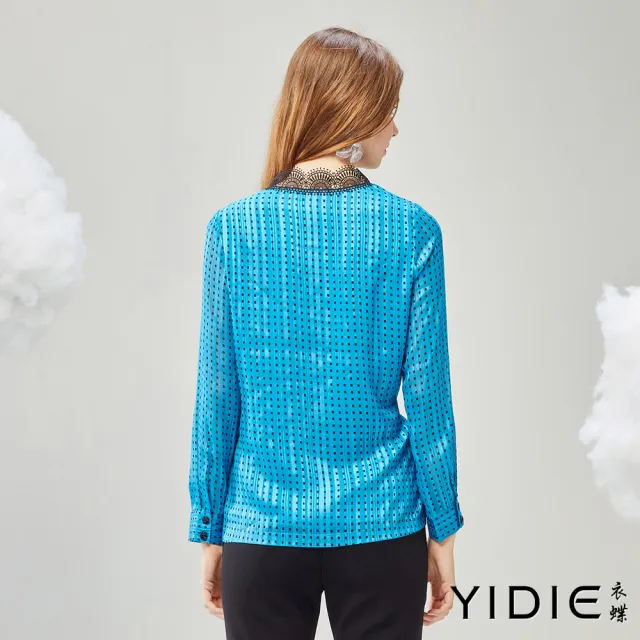 【YIDIE】蕾絲拼接格紋雪紡上衣-水藍