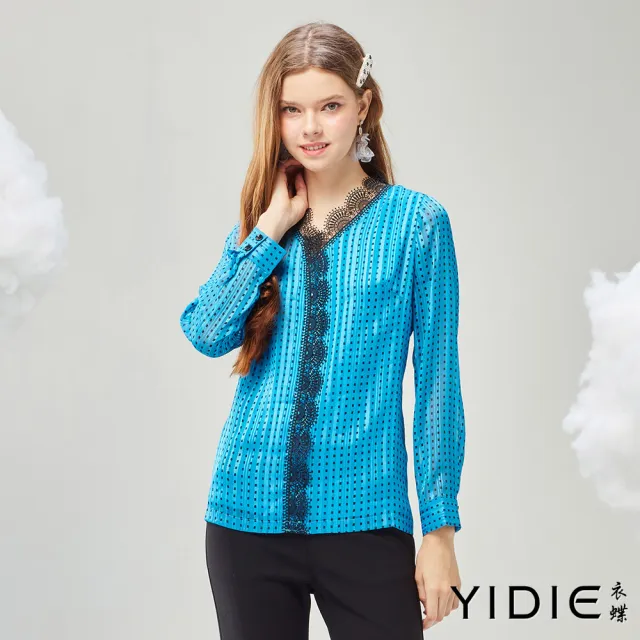【YIDIE】蕾絲拼接格紋雪紡上衣-水藍