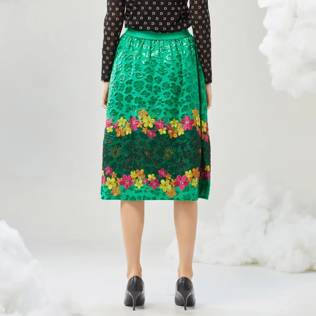 【YIDIE】亮色花朵刺繡泡泡布長裙-淺綠