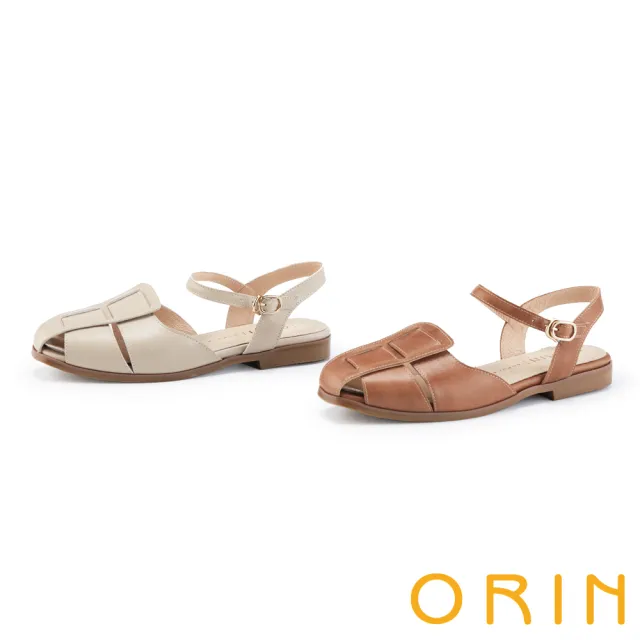 【ORIN】寬版編織護趾真皮平底涼鞋(米色)