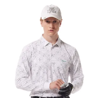 【Lynx Golf】男款吸濕排汗方格變形蟲花紋果嶺印花山貓繡花胸袋款長袖POLO衫/高爾夫球衫(白色)
