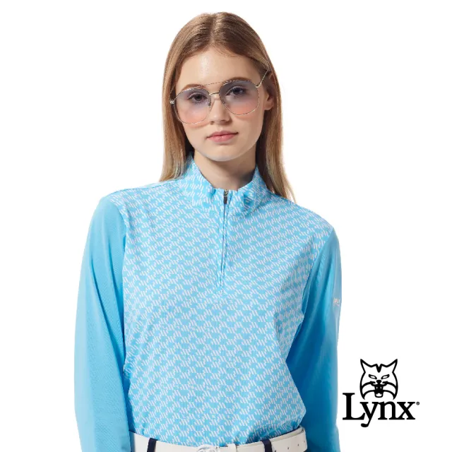 【Lynx Golf】女款吸濕排汗Lynx字樣線條排列印花長袖立領POLO衫/高爾夫球衫(水藍色)