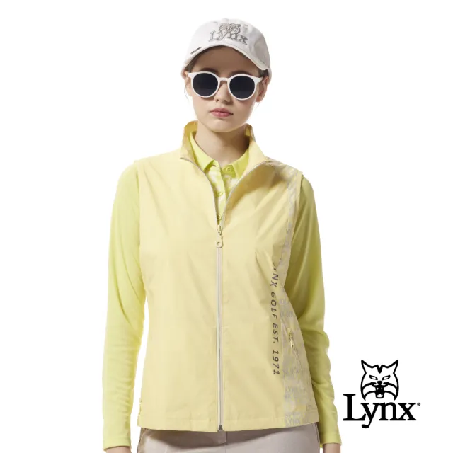 【Lynx Golf】女款保暖舒適磨毛內裡數位印花剪接配布拉鍊口袋無袖背心(二色)