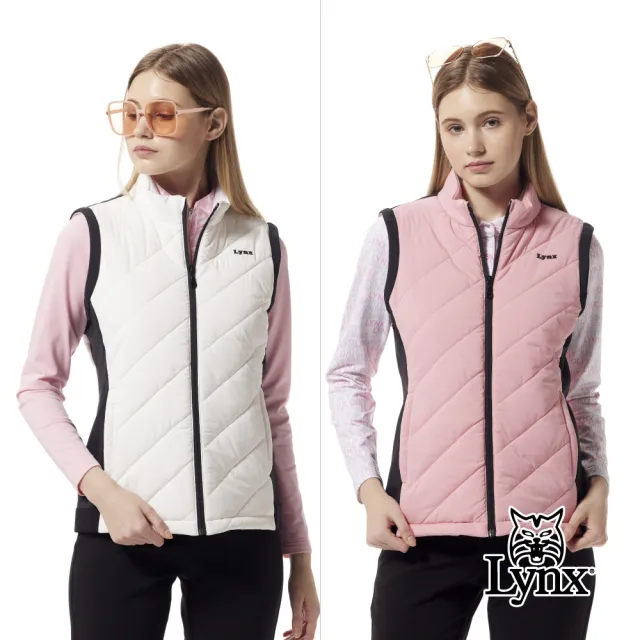【Lynx Golf】女款保暖舒適壓線後背造型剪裁配布壓光織帶剪接拉鍊口袋無袖背心(二色)