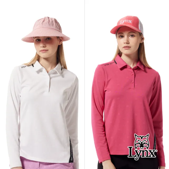 【Lynx Golf】女款合身版吸濕排汗雙面緹花下擺開杈配色領片造型長袖POLO衫/高爾夫球衫(二色)