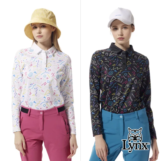 【Lynx Golf】女款吸濕排汗網眼材質滿版塗鴉風印花領口繡花造型長袖POLO衫/高爾夫球衫(二色)