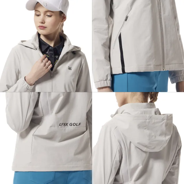 【Lynx Golf】女款彈性舒適抗UV防潑水機能羅紋剪接織帶造型長袖可拆式連帽外套(二色)