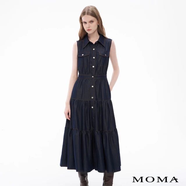 【MOMA】甜颯天絲牛仔啪啪釦蛋糕裙洋裝(深藍色)