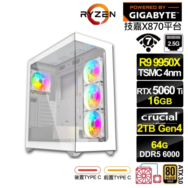 【技嘉平台】R9十六核GeForce RTX 5060 Ti 16G{神諭者K3CD}水冷電競電腦(R9 9950X/X870/64G D5/2TB/WIFI)