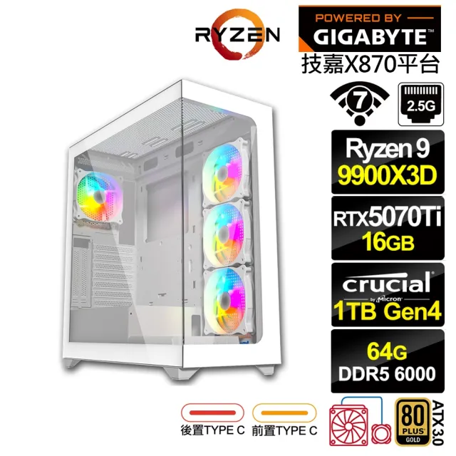 【技嘉平台】R9十二核GeForce RTX 5070 TI{神諭者L47C}水冷電競電腦(R9 9900X3D/X870/64G D5/1TB/WIFI)