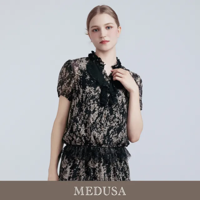 【MEDUSA 曼度莎】現貨-宮廷感印花雪紡蕾絲上衣(M-XL)|女短袖上衣 蕾絲設計 雪紡上衣(601-5480A)