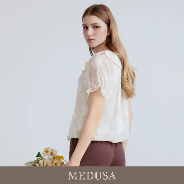 【MEDUSA 曼度莎】現貨-米白優雅荷葉浮花上衣（M-XL）｜女短袖上衣 荷葉上衣 甜美上衣(601-34801)