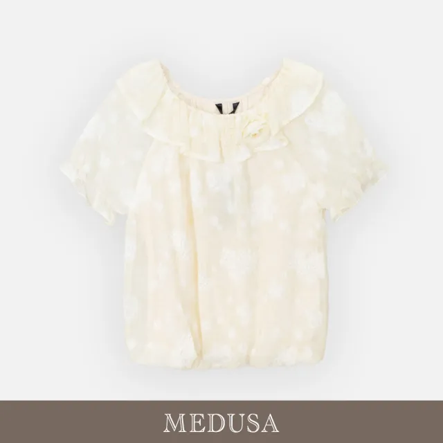 【MEDUSA 曼度莎】現貨-米白優雅荷葉浮花上衣（M-XL）｜女短袖上衣 荷葉上衣 甜美上衣(601-34801)