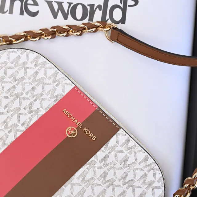 【Michael Kors】滿版MK印花條紋拼接貝殼造型鍊包斜背包(白咖)
