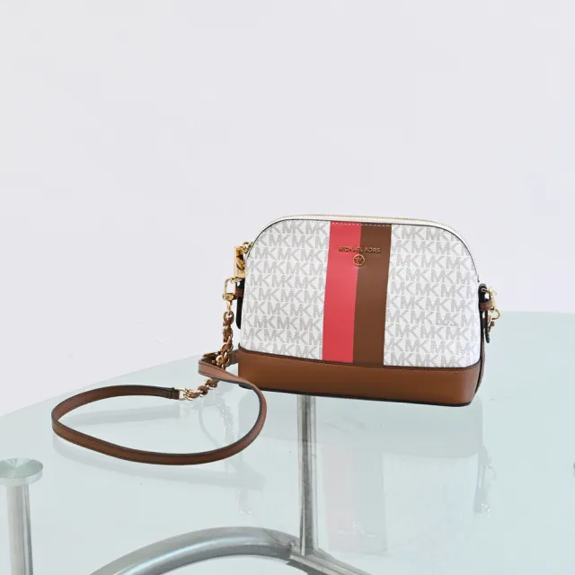 【Michael Kors】滿版MK印花條紋拼接貝殼造型鍊包斜背包(白咖)