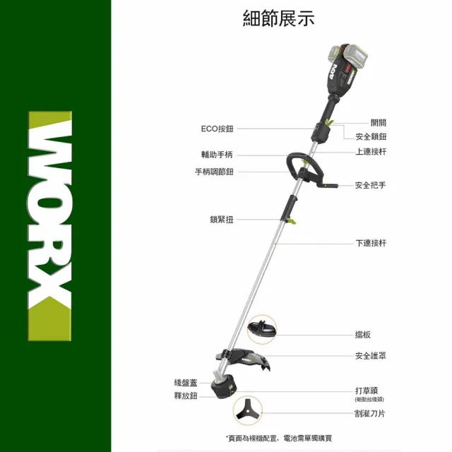 【WORX 威克士】40V 38cm   2合一無刷鋰電割草機/打草機(WD184.9)