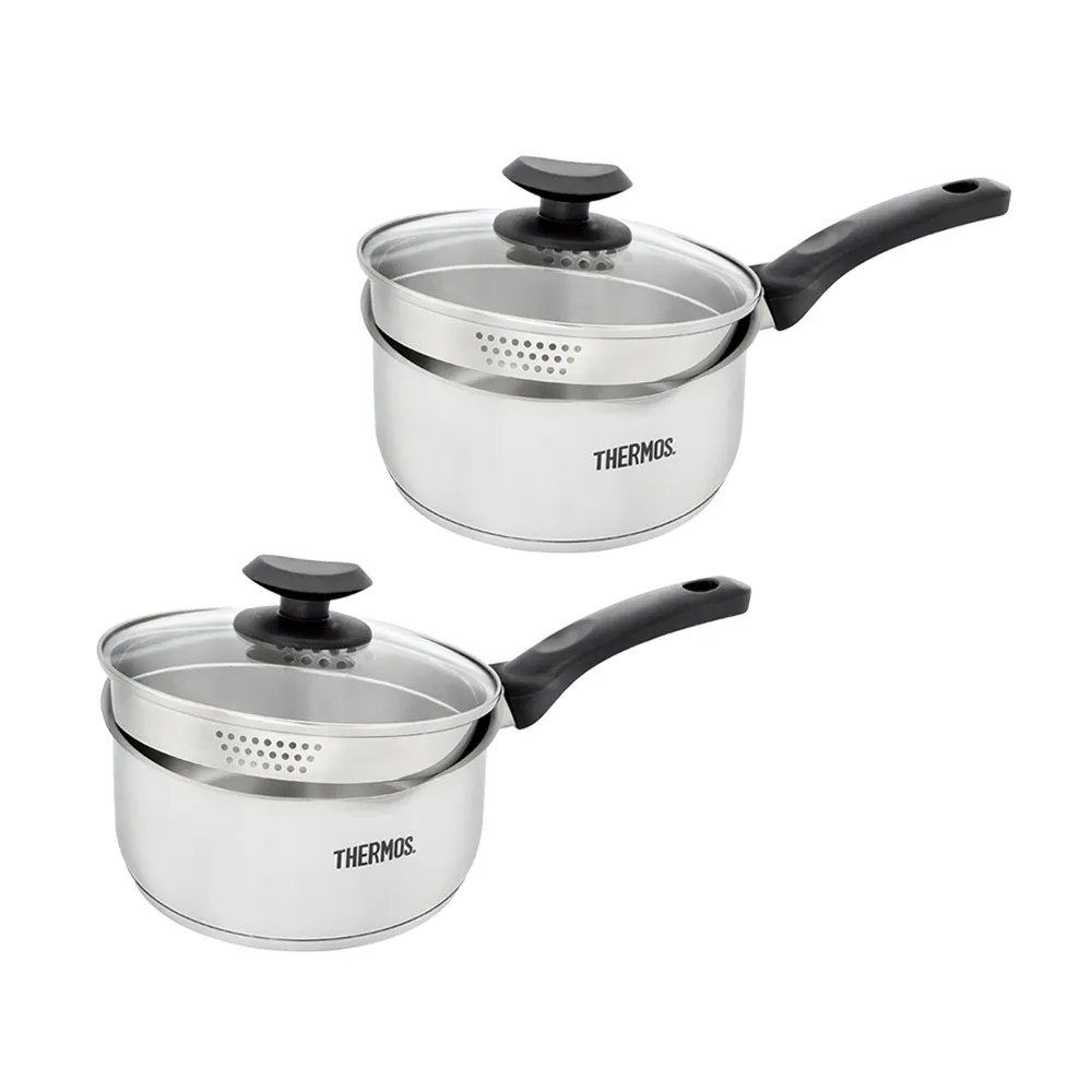【THERMOS膳魔師】買1送1_不鏽鋼附蓋瀝水單柄湯鍋雪平鍋18cm(SPC-S18+SPC-S18)