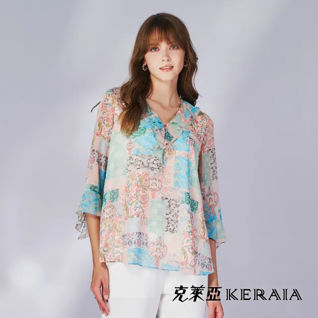 【KERAIA 克萊亞】魅力價-花田詩集荷葉領雪紡上衣