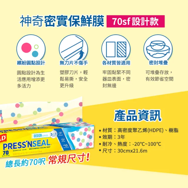 【GLAD佳能】Press N Seal密實保鮮膜-3入-30公分x21.6公尺(美國FDA認證/不含雙酚A/無塑化劑/強力保鮮膜)
