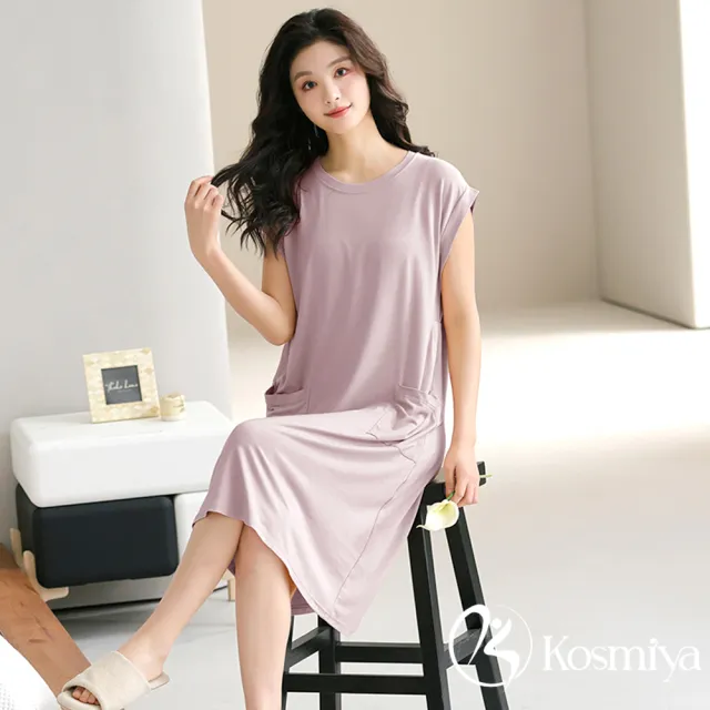 【Kosmiya】1件 多款任選 帶胸墊 莫代爾 純色雅致睡裙/女睡衣/睡裙/居家服/連身洋裝/洋裝(均碼/加大碼)