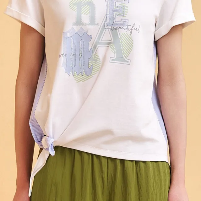 【OUWEY 歐薇】圖形文字異素材拼接打結棉T(白；M-XL；3252391227)