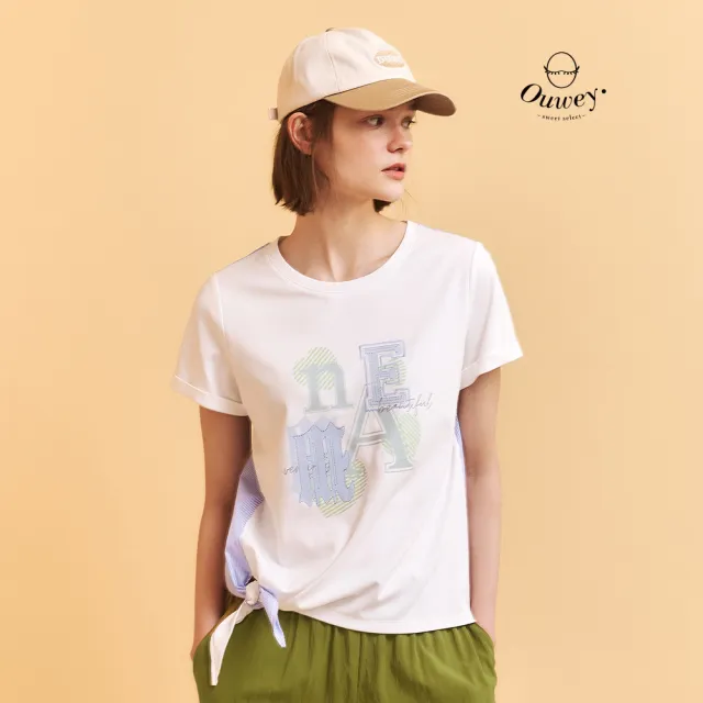 【OUWEY 歐薇】圖形文字異素材拼接打結棉T(白；M-XL；3252391227)