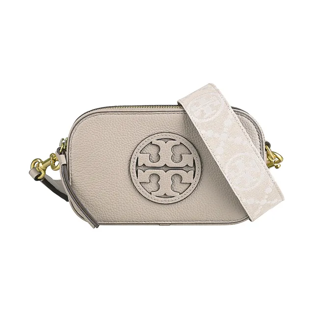 【TORY BURCH】TORY BURCH Miller 立體T字LOGO粒面牛皮搭麂皮雙拉鍊斜背相機包(迷你/黏土灰白)