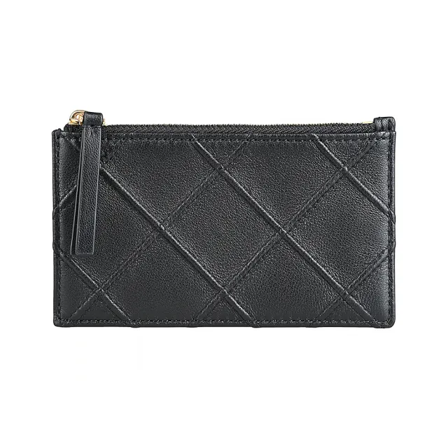 【TORY BURCH】TORY BURCH Fleming 浮雕T字LOGO小羊皮立體斜紋4卡拉鍊零錢卡夾(黑)