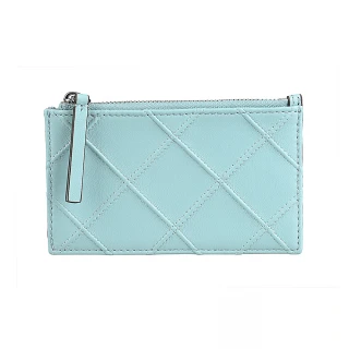 【TORY BURCH】TORY BURCH Fleming 浮雕T字LOGO小羊皮立體斜紋4卡拉鍊零錢卡夾(藍綠)