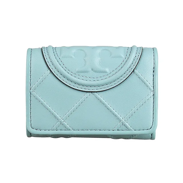 【TORY BURCH】TORY BURCH Fleming 立體T字LOGO菱格壓紋納帕皮革翻蓋扣式短夾(薄霧藍綠)
